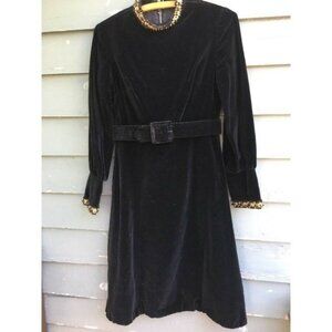 Vintage Black Velvet Dress Goth Victorian Party with Belt Beaded Trim High Neck
